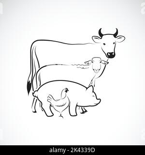 Groupe vectoriel de la conception de ferme animale sur fond blanc., vache, mouton, porc, poulet. Logo animal. Illustration vectorielle superposée facile à modifier. Animal. Illustration de Vecteur