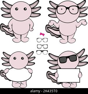 chibi axolotl kid dessin animé panneau et lot de lunettes illustration en format vectoriel Illustration de Vecteur