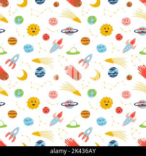 Motif sans couture avec éléments spatiaux, style puéril plat et dessin animé. Illustration vectorielle de planètes, fusée, météorite, constellation sur fond blanc Illustration de Vecteur