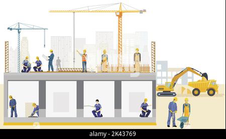 Chantier de construction avec artisans et machines de construction, illustration Illustration de Vecteur