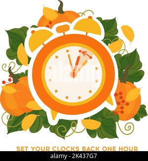 Bannière concept temps de retour. Horloge sur fond d'automne avec des citrouilles et des feuilles d'automne. Les poignées de l'horloge reviennent à l'heure. Heure d'été Illustration de Vecteur