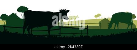 Les vaches se broutent dans les pâturages. Silhouette de l'image. Animaux de la ferme. Paysage rural avec maison de ferme. Animaux de ferme domestiques pour le lait et les produits laitiers. Isolé Illustration de Vecteur