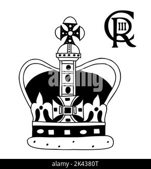 Couronne impériale du Royaume-Uni et monogramme le roi Charles III, monarque britannique. Illustration vectorielle style de caniche dessiné à la main pour le design et la décoration Illustration de Vecteur