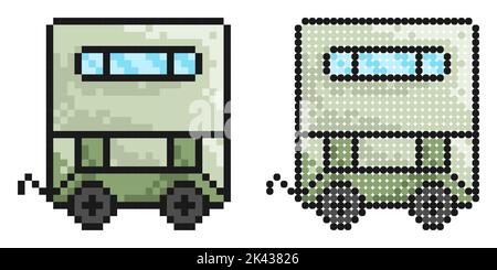 Icône pixel. Remorque pour le transport de matériaux de construction et d'animaux. Travail à la ferme, transport de marchandises en voiture. Vecteur de jeu rétro simple isolé sur Illustration de Vecteur