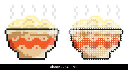 Icône pixel. Bol, assiette de porridge chaud. Déjeuner délicieux et copieux. Vecteur de jeu rétro simple isolé sur fond blanc Illustration de Vecteur
