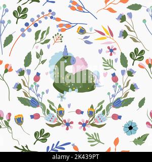 Motif sans couture avec Unicorn magique, fleurs sauvages colorées et feuilles. Le motif mignon peut être utilisé comme textile, tissu, papier peint, bannière et autre. Illustration vectorielle Illustration de Vecteur