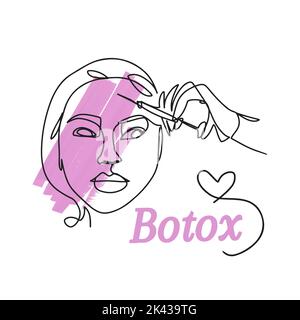 Un dessin de ligne, Botox, inscriptions manuscrites, un visage de fille, une seringue pour injections dans sa main Illustration de Vecteur