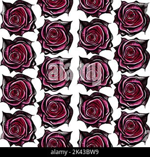 Motif vectoriel sans couture fait de fleurs roses rouges avec des feuilles sur blanc Illustration de Vecteur