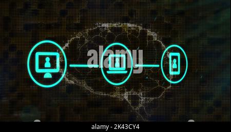 Image des icônes des médias de communication numérique connectés et du cerveau tournant sur noir. Concept de technologie de communication globale et de réseau de données numériques, di Banque D'Images