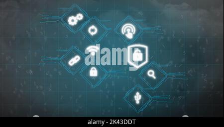 Image de plusieurs icônes numériques contre les orages et les nuages sombres dans le ciel Banque D'Images