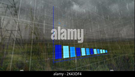 Image du traitement des données statistiques sur les orages et la pluie tombant au-dessus des tours mobiles Banque D'Images