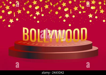 Cinéma indien Bollywood. style 3d. Podium avec cercles, étoiles, rubans sur fond rouge. Illustration vectorielle. Illustration de Vecteur