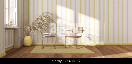 Vue panoramique sur la salle d'attente moderne dans les tons blanc et jaune. Fauteuils en rotin et volent, table d'extrémité, moquette, fenêtre et décors. Papier peint rayé. Banque D'Images