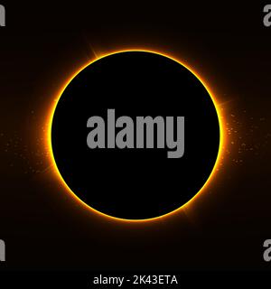 éclipse solaire totale. Illustration vectorielle. Cadre circulaire lumineux au néon sur fond noir. Modèle abstrait de style cosmique. Nature mystérieuse Illustration de Vecteur