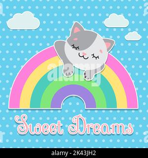 Carte postale Sweet Dreams. Le chat dort sur l'arc-en-ciel. Palette pastel. Joli simple vecteur plat..illustration.. Illustration de Vecteur