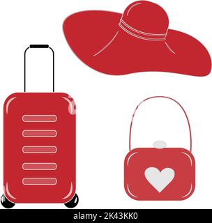 Ensemble de valises de voyage rouges sur roulettes, style dessin animé, sur fond transparent. Isoler. Icône pour le voyage, le tourisme ou les vacances d'été. Bon pour le logo, le motif, l'affiche, la bannière, l'icône, placer, saluer Illustration de Vecteur