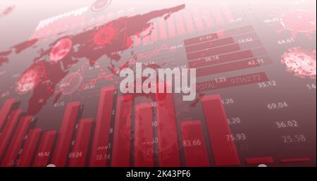 Image des cellules Covid 19 du coronavirus avec enregistrement des statistiques graphiques et traitement des données sur la carte du monde sur fond blanc. Coronavirus Covid 19 tartii Banque D'Images