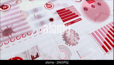 Image des cellules Covid 19 du coronavirus avec enregistrement des statistiques graphiques et traitement des données sur fond blanc. Coronavirus Covid 19 propagation de la pandémie c Banque D'Images