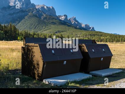 Bennes à ordures à l'épreuve des animaux dans un parc de Canmore, Alberta, Canada, par une journée ensoleillée Banque D'Images