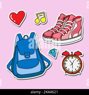 motif d'illustration rentrée avec sacs et chaussures style doodle pour autocollants de badge et porte-clés mis en place Illustration de Vecteur