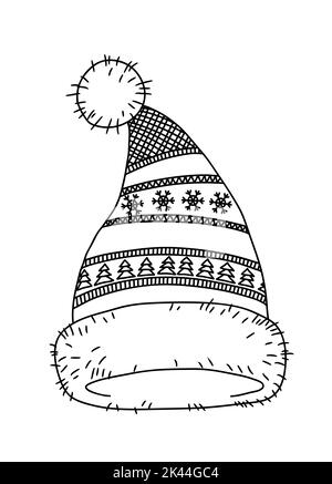 Jolis vêtements tricotés, chapeau avec pompon. Page de coloriage de mandala vectoriel pour adultes. Page de coloriage vectoriel pour livre de coloriage Illustration de Vecteur