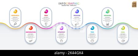 Infographie modèle marketing vecteur coloré conception coin rond icônes 8 options ou étapes dans un style minimal. Vous pouvez utiliser pour processus marketing, travail Illustration de Vecteur