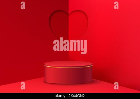 Socle 3D cylindres rouge podium réaliste avec fond en forme de coeur en forme de pénombre. Scène de la Saint-Valentin minimale pour la présentation des produits, présentoir de promotion Illustration de Vecteur