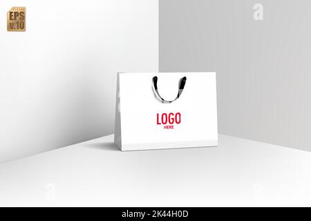 Sac en papier blanc et poignée noire motif vectoriel réaliste. Logo vierge pour insérer votre marque. Vous pouvez l'utiliser pour le marketing en ligne, les ventes, les présentations Illustration de Vecteur