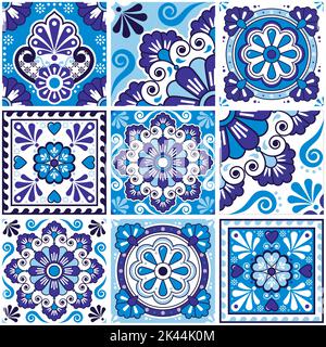 Collection mexicaine de carreaux style talavera à motif sans couture bleu marine, carreaux indigo décoratifs avec fleurs, tourbillons inspirés de l'art populaire mexicain Illustration de Vecteur