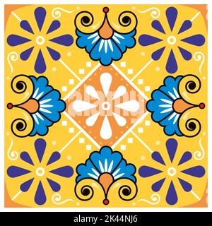 Motif vectoriel en céramique de style talavera mexicain sans coutures avec fleurs et verges, imprimé textile ou tissu Illustration de Vecteur