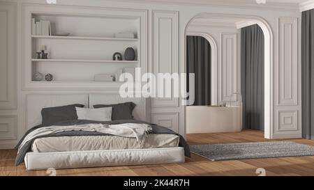 Chambre et salle de bains néoclassiques dans des tons blancs et gris. Lit moderne, baignoire sur pied, murs voûtés et rideaux. Murs moulés et parquet. CL Banque D'Images