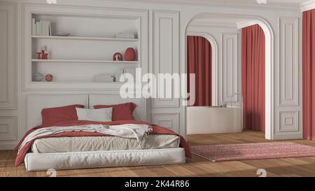 Chambre et salle de bains néoclassiques dans des tons blancs et rouges. Lit moderne, baignoire sur pied, murs voûtés et rideaux. Murs moulés et parquet. CLA Banque D'Images