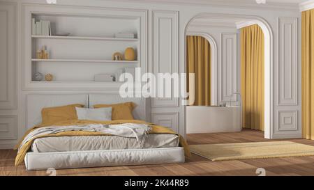 Chambre et salle de bains néoclassiques dans des tons blancs et jaunes. Lit moderne, baignoire sur pied, murs voûtés et rideaux. Murs moulés et parquet. Banque D'Images