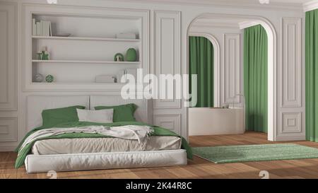 Chambre et salle de bains néoclassiques dans des tons blancs et verts. Lit moderne, baignoire sur pied, murs voûtés et rideaux. Murs moulés et parquet. C Banque D'Images