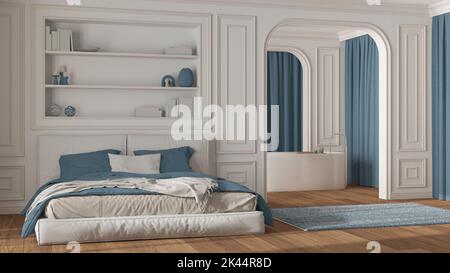 Chambre et salle de bains néoclassiques dans des tons de blanc et de bleu. Lit moderne, baignoire sur pied, murs voûtés et rideaux. Murs moulés et parquet. CL Banque D'Images