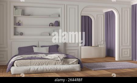 Chambre et salle de bains néoclassiques aux tons blanc et violet. Lit moderne, baignoire sur pied, murs voûtés et rideaux. Murs moulés et parquet. Banque D'Images