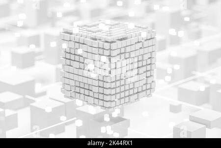 Cubes et lignes luminescents abstraits, circuits et matériaux, rendu 3D. Dessin numérique informatique. Banque D'Images
