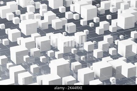 Cubes et lignes luminescents abstraits, circuits et matériaux, rendu 3D. Dessin numérique informatique. Banque D'Images