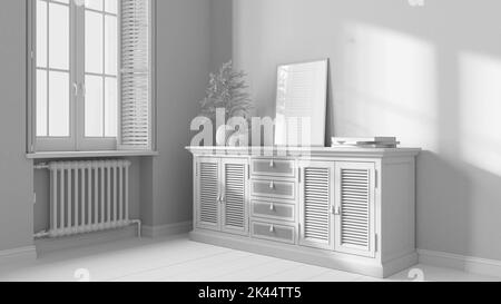 Total blanc projet, salle de séjour rétro avec parquet. Commode en rotin avec décor. Maquette d'image. Fenêtre avec volets et radiateur. V Banque D'Images