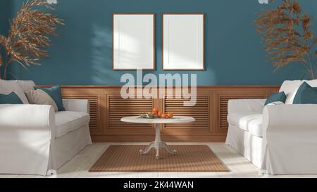 Salle de séjour dans des tons de blanc et de bleu, style colonial vintage. Canapé en tissu avec oreillers, panneau en bois. Moquette, table et décors. Maquette d'image, contentement Banque D'Images