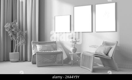 Projet blanc total, salle de séjour contemporaine. Fauteuils en rotin avec oreillers, rideaux, échelle et plantes en pot. Cadre et parquet, vue avant. Banque D'Images