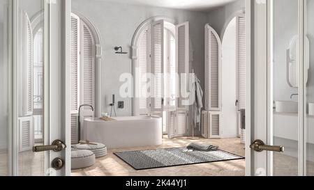 Porte en verre blanc classique ouvrant sur une salle de bains moderne dans un appartement néoclassique. Baignoire, lavabo et fenêtres voûtées avec volets, concept de maison de bienvenue Banque D'Images