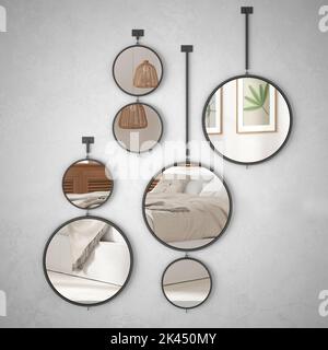 Miroirs ronds suspendus au mur reflétant l'ambiance de design intérieur, chambre blanche moderne minimaliste avec lit double et décors, architecture moderne co Banque D'Images