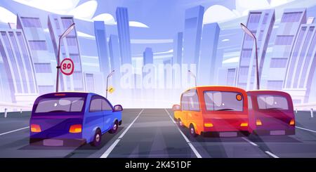 Voitures roulant sur l'autoroute, vue arrière sur fond urbain avec gratte-ciel. Des automobiles modernes qui se trouvent à Meggalopolis le long d'une route asphaltée Illustration de Vecteur