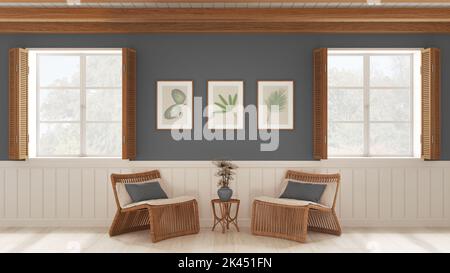 Fond de salon, salle d'attente dans les tons blanc et gris. Fenêtres avec volets en bois et plafond à poutres apparentes, fauteuils en rotin avec table. Paramètre Banque D'Images