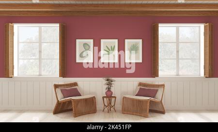 Fond de salon, salle d'attente dans les tons blanc et rouge. Fenêtres avec volets en bois et plafond à poutres apparentes, fauteuils en rotin avec table. Pres Banque D'Images