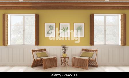 Fond de salon, salle d'attente dans les tons blanc et jaune. Fenêtres avec volets en bois et plafond à poutres apparentes, fauteuils en rotin avec table. PA Banque D'Images