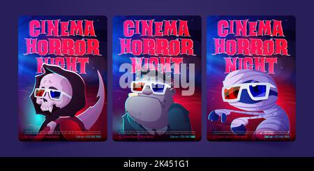 Films d'horreur de nuit caricatures flyers avec monstres drôles sinistre reaper avec scythe, zombie et momie porter 3D lunettes. Invitation au festival de cinéma avec Illustration de Vecteur