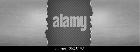 Trou de découpe en métal, arrière-plan horizontal, cadre avec bords irréguliers. Bordure industrielle isolée, fissure, dommages de coupe sur tôle d'acier, mur ou plaque, etc Illustration de Vecteur