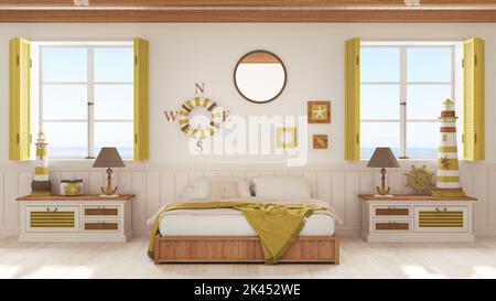 Style marin, chambre avec lit en bois et commode dans les tons blanc et jaune. Fenêtres panoramiques avec paysage de mer. Parquet et plafond à poutres apparentes. Banque D'Images